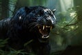 Image of black panther is angry in the forest., Wildlife Animals