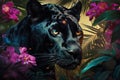 Image of black panther head in tropic flowers. Wildlife Animals. Illustration, generative AI