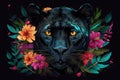 Image of black panther head in tropic flowers. Wildlife Animals. Illustration, generative AI