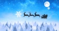 Image of black silhouette of santa claus in sleigh being pulled by reindeer with snow falling Royalty Free Stock Photo