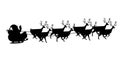 Image of black silhouette of santa claus in sleigh being pulled by reindeer on white background Royalty Free Stock Photo