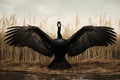 Image of black swan spreads its wings gracefully in a meadow in a marshy forest. Wildlife Animals. Illustration, Generative AI Royalty Free Stock Photo