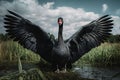 Image of black swan spreads its wings gracefully in a meadow in a marshy forest. Wildlife Animals. Illustration, Generative AI Royalty Free Stock Photo