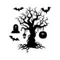Halloween scary tree. Black silhouettes on white background. Vector illustration. Royalty Free Stock Photo