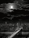 Image is black and white photo of San Francisco Bay Bridge at night, with moon shining brightly in sky. The bridge Royalty Free Stock Photo