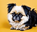 A small black and white dog sitting on a yellow background. Royalty Free Stock Photo