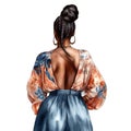 Black women boho fashion back view watercolor illustration