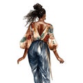 Black women boho fashion back view watercolor illustration