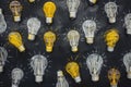 An image of a blackboard showing shining light bulbs. Concept for brainstorming. Royalty Free Stock Photo