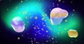 Image of blobs and abstract shapes moving over glowing shape on black background Royalty Free Stock Photo