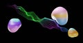 Image of blobs and abstract shapes moving over waving mesh on black background Royalty Free Stock Photo