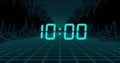 Image of blue digital clock timer changing over metaverse on black background Royalty Free Stock Photo