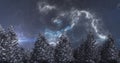 Image of blue glowing shooting star and clouds moving over winter landscape on night sky Royalty Free Stock Photo