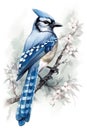 Image of a blue Jay perched on a branch and a beautiful flower. Birds. Wildlife Animals. Illustration, generative AI