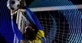 Image of blue line spiral rotating over male football goalkeeper saving goal