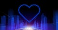 Image of blue neon heart flashing over blue cityscape on black