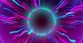 Image of blue and pink neon light trails and circles over black background Royalty Free Stock Photo
