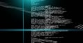 Image of blue scanner beams over text data processing on dark background