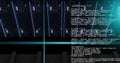 Image of blue scanner beams and processing data over dark computer servers