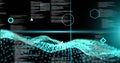 Image of blue scanner beams, rotating shapes and network waves over data processing on black