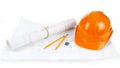 Image of blueprints with level pencil and hard hat on table Royalty Free Stock Photo