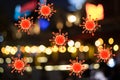 Image blurred and covid graphics Concept Coronavirus Covid spread in restaurants in crowded pubs significant risks of transmission