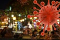 Image blurred and covid graphics Concept Coronavirus Covid spread in restaurants in crowded pubs significant risks of transmission