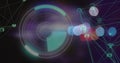 Image of blurred traffic lights over processing circle, connections and dark space