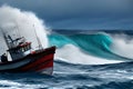 image of the boat in the middle of dramatic ocean storm.