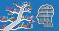 Image of bookcases in the shape of human head and tree on blue background Royalty Free Stock Photo