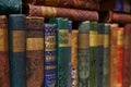 Bookshelf full of leather books with detail of blue book