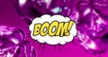 Image of boom text in yellow letters in retro speech bubble over glowing purple background Royalty Free Stock Photo