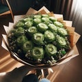 image of a bouquet of many Green roses in wrapping paper.