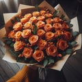 an image bouquet of many Orange roses in wrapping paper.