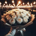 an image bouquet of many white roses in wrapping paper.