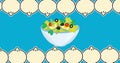 Image of bowl of egg salad onions and rows of onions moving top and bottom on blue background Royalty Free Stock Photo