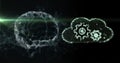 Image of brain rotating over black background with lights and cloud with cogs Royalty Free Stock Photo