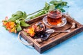 Image of breakfast on wooden tray, cake Royalty Free Stock Photo