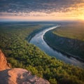 Breathtaking drone view of the winding canyon of the Dniester River at sunrise. Location place Dnister