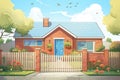 image of a brick ranch house with a wooden gate, magazine style illustration