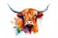 Image of bright colors watercolor highland cow painting on white background. Wildlife Animals., Generative AI, Illustration Royalty Free Stock Photo