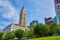 Bright summer shot of LeVeque Tower from the Scioto Mile Promenade