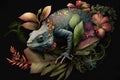 Image of brightly colored chameleons with colorful tropical flowers. Reptile. illustration. Generative AI