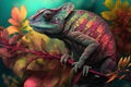 Image of brightly colored chameleons with colorful tropical flowers. Reptile. illustration. Generative AI
