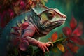 Image of brightly colored chameleons with colorful tropical flowers. Reptile. illustration. Generative AI