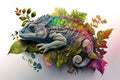 Image of brightly colored chameleons with colorful tropical flowers. Reptile. illustration. Generative AI