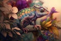 Image of brightly colored chameleons with colorful tropical flowers. Reptile. illustration. Generative AI