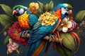 Image of brightly colored parrots bird with colorful tropical flowers. Wild Animals. Birds. illustration. Generative AI