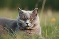 Image of british shorthair cat resting on green pasture grass. Pet, Illustration, Generative AI