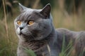 Image of british shorthair cat resting on green pasture grass. Pet, Illustration, Generative AI Royalty Free Stock Photo